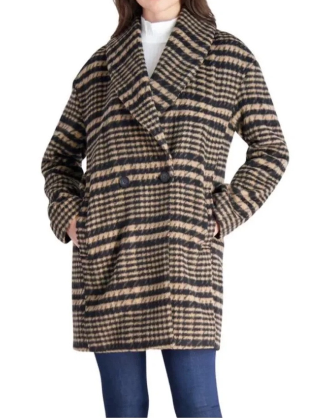 Anthropologie Avec Les Filles Women's Wool Overcoat Houndstooth Plaid Large